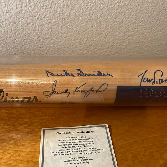 Duke Snider, Sandy Koufax, Johnny Podres, and Tommy Lasorda 1955 Dodger Heros Baseball Bat
